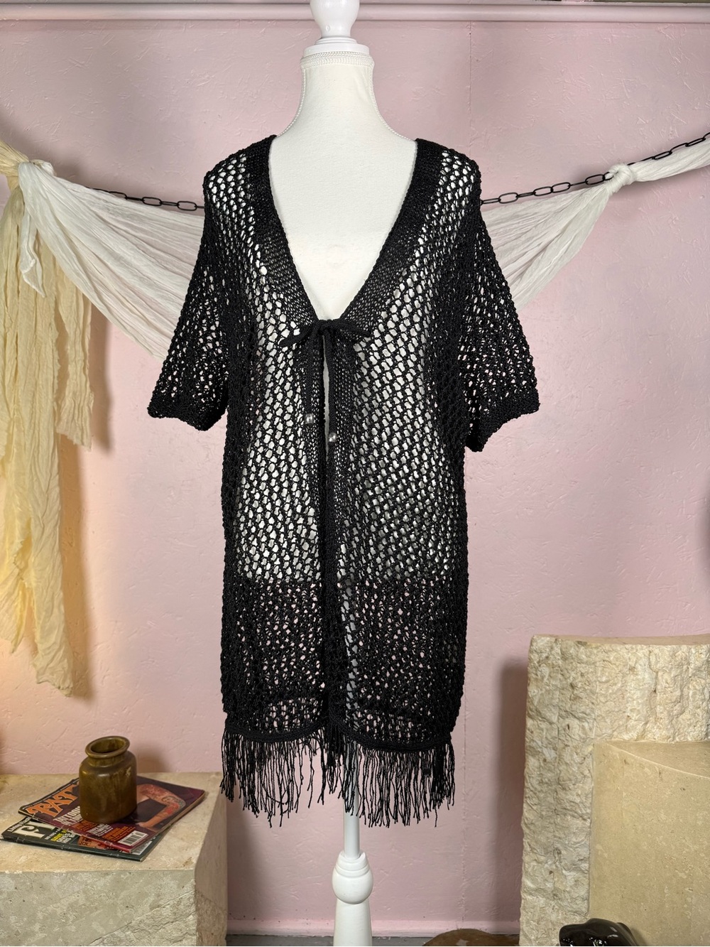 Black Crochet Fringe Kimono Cover Up | Small